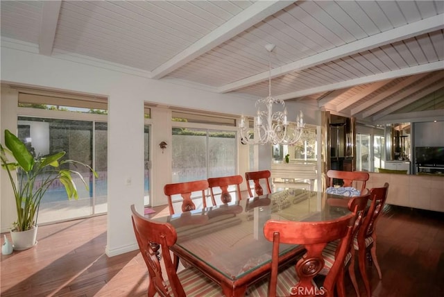 dining space featuring vaulted ceiling with beams, hardwood / wood-style floors, wooden ceiling, and an inviting chandelier