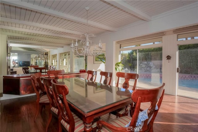 dining space featuring beamed ceiling, a notable chandelier, wooden ceiling, and hardwood / wood-style floors