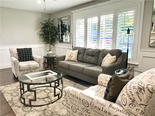 living room with dark hardwood / wood-style flooring