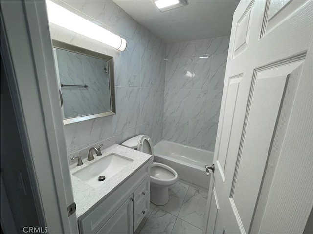 full bathroom featuring shower / bathing tub combination, vanity, tile walls, and toilet