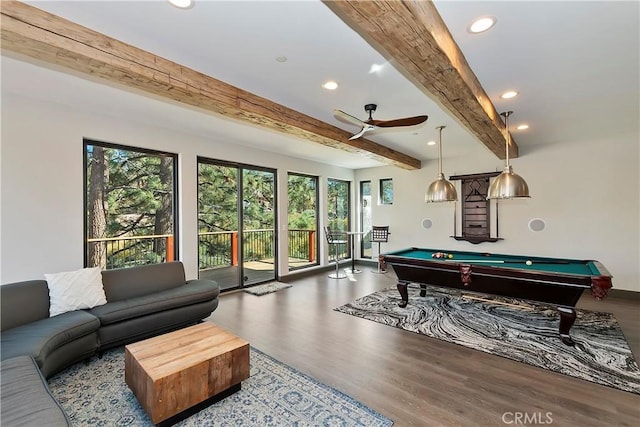 rec room with beam ceiling, a wealth of natural light, hardwood / wood-style flooring, and pool table