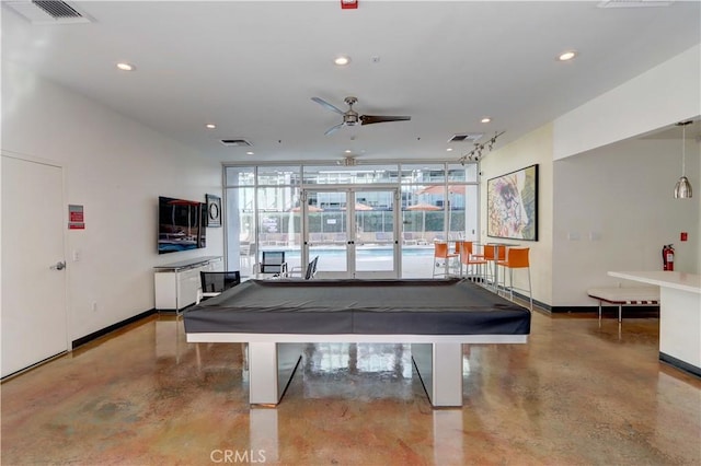 recreation room with ceiling fan and billiards