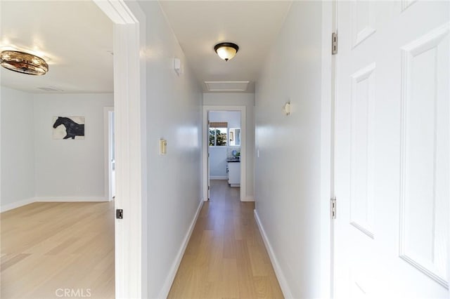 6556 Lupine Ave Unit 29, Palms, CA 92277 - corridor with light wood finished floors, baseboards, and attic access