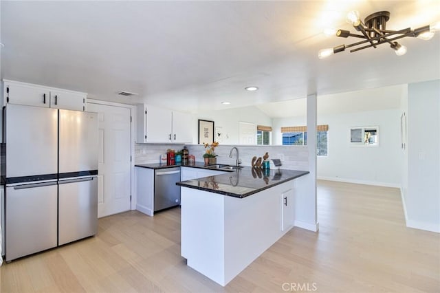 kitchen featuring backsplash, white cabinets, sink, kitchen peninsula, and stainless steel appliances