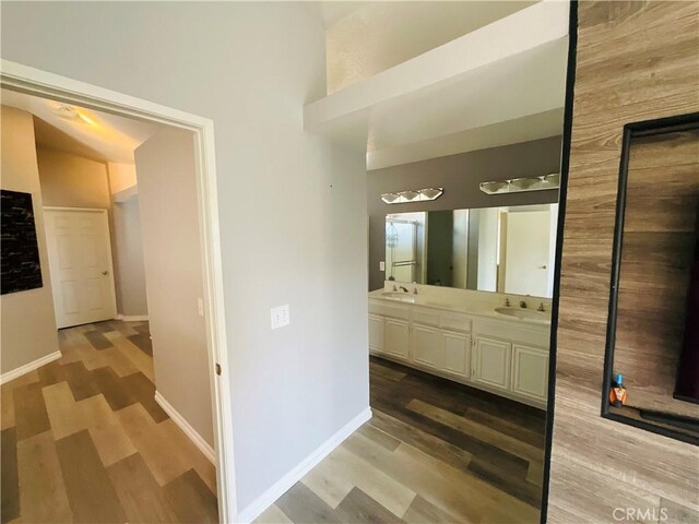 bathroom with hardwood / wood-style floors and vanity