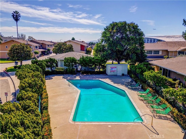 pool featuring a patio and a residential view