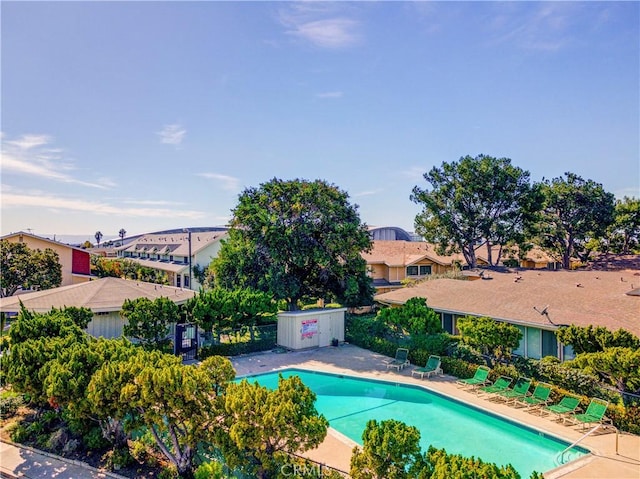 pool featuring a patio and a residential view