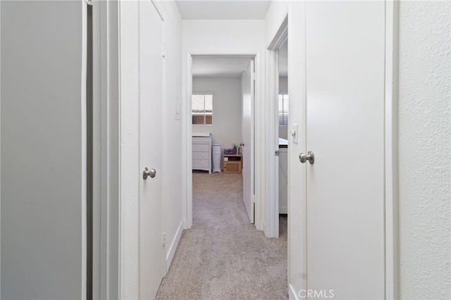 hallway with light colored carpet