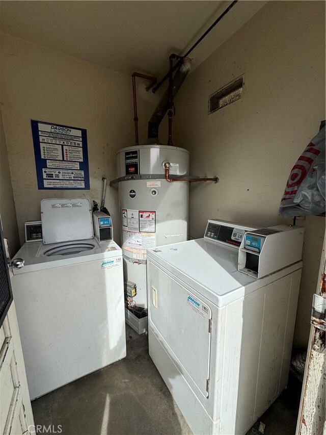 laundry area featuring secured water heater and washing machine and dryer