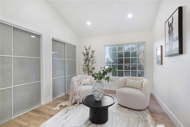 living area featuring light hardwood / wood-style floors and lofted ceiling