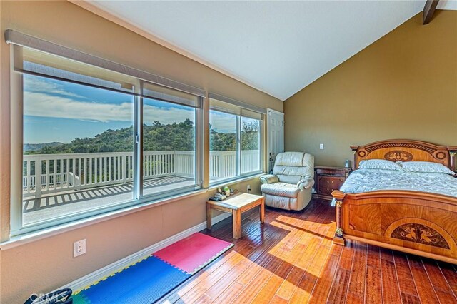 bedroom with lofted ceiling and wood-type flooring