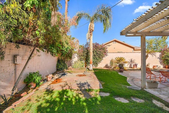 view of yard featuring a pergola and a patio