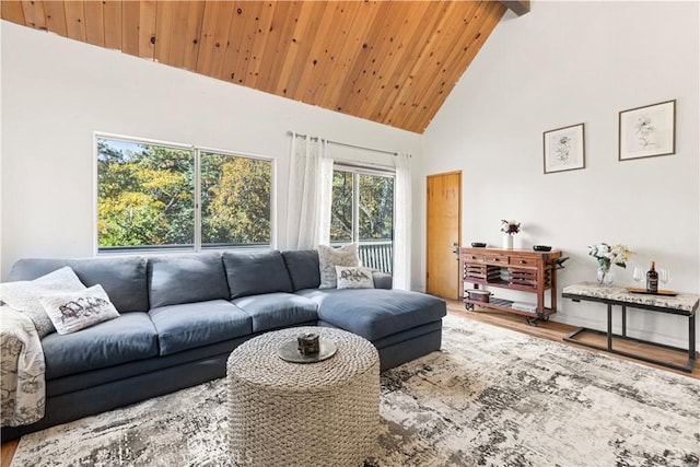 living room with wood ceiling, high vaulted ceiling, and wood-type flooring