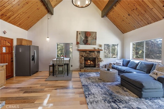 467 Cimarron Ln, Lake Arrowhead, CA 92352 - living room with high vaulted ceiling, light wood-type flooring, wooden ceiling with exposed beams, and a fireplace