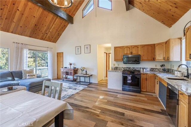 467 Cimarron Ln, Lake Arrowhead, CA 92352 - kitchen featuring stainless steel appliances, a sink, high vaulted ceiling, light stone countertops, and light wood-style flooring