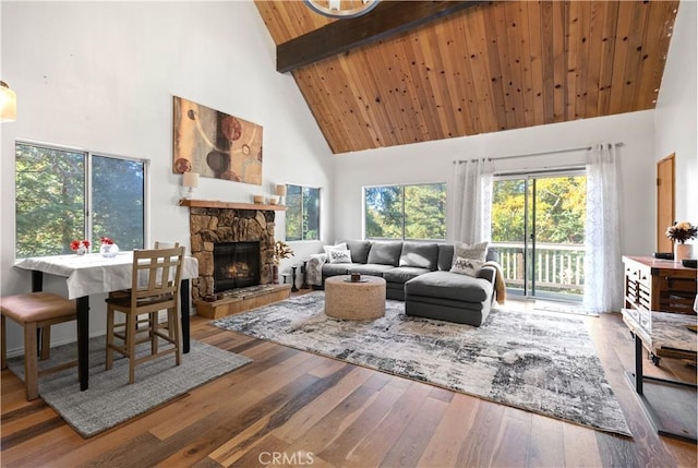 living room featuring wood ceiling, beam ceiling, hardwood / wood-style flooring, high vaulted ceiling, and a fireplace