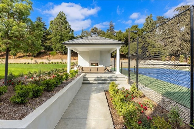 188 Deodar Ln, Bradbury, CA 91008 - view of tennis court with a gazebo and an outdoor hangout area