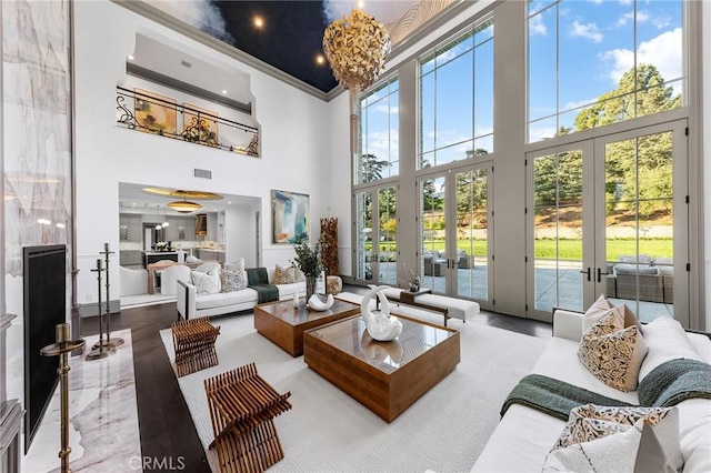 188 Deodar Ln, Bradbury, CA 91008 - living area featuring a high ceiling, french doors, and crown molding