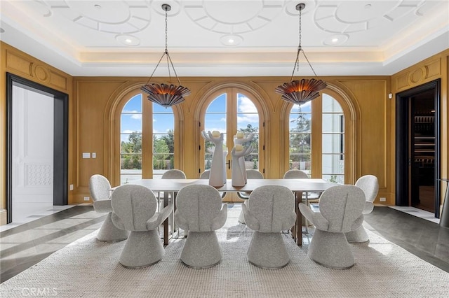 188 Deodar Ln, Bradbury, CA 91008 - dining area with crown molding, wine cooler, a raised ceiling, and recessed lighting