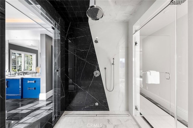 188 Deodar Ln, Bradbury, CA 91008 - bathroom featuring a marble finish shower, marble look tiles, and vanity