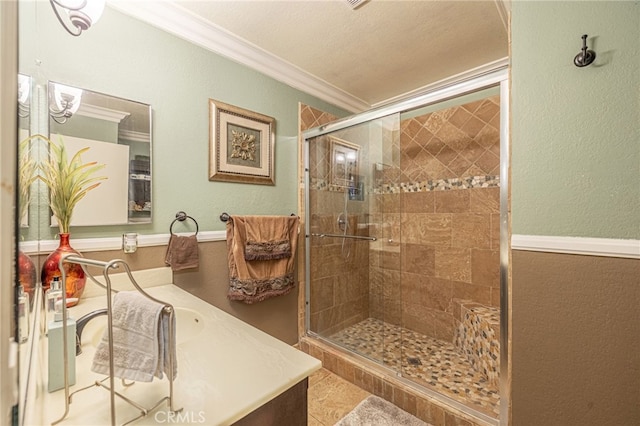 bathroom with walk in shower and ornamental molding