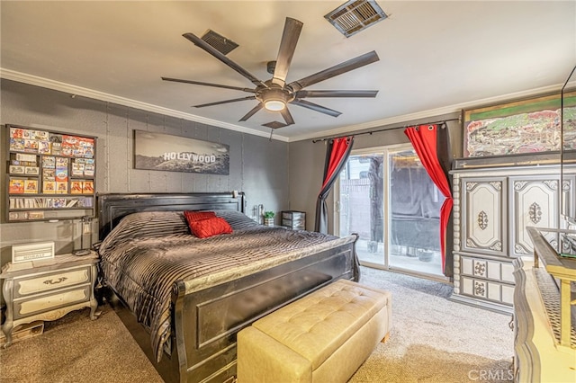 bedroom featuring access to outside, ornamental molding, ceiling fan, and carpet