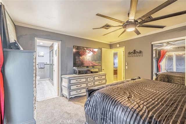 carpeted bedroom with connected bathroom, crown molding, and ceiling fan