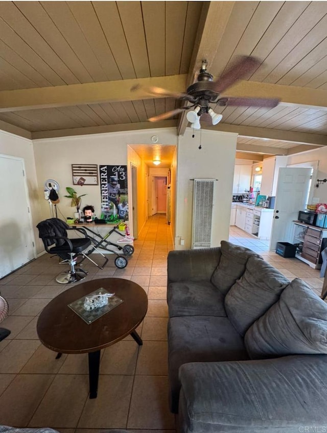 living room with tile patterned floors, lofted ceiling with beams, ceiling fan, and wooden ceiling