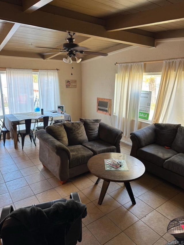 tiled living room featuring beam ceiling, ceiling fan, and wood ceiling