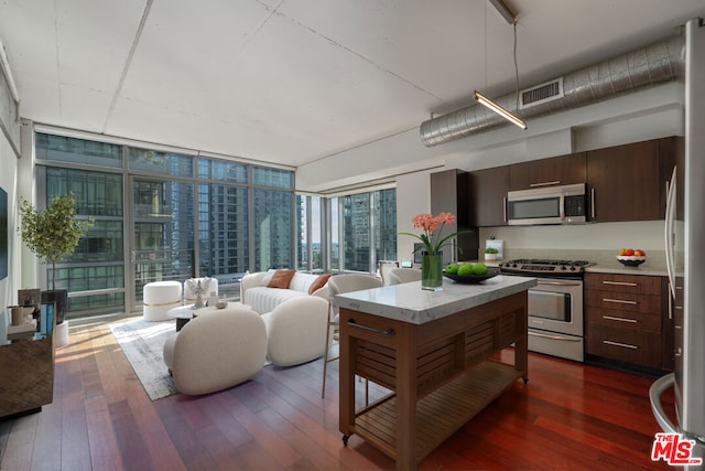 kitchen with dark hardwood / wood-style flooring, expansive windows, dark brown cabinets, and appliances with stainless steel finishes