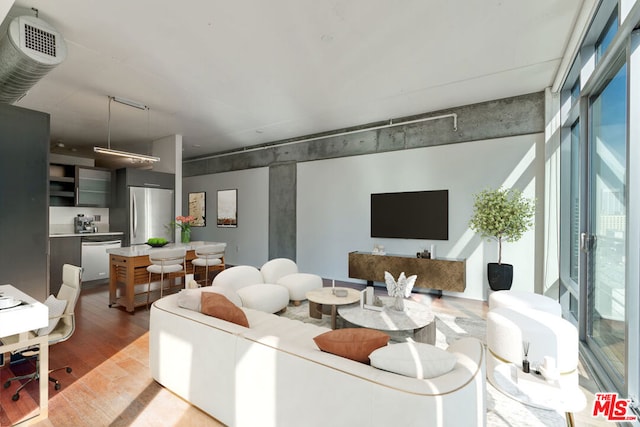 living room featuring wood-type flooring and expansive windows