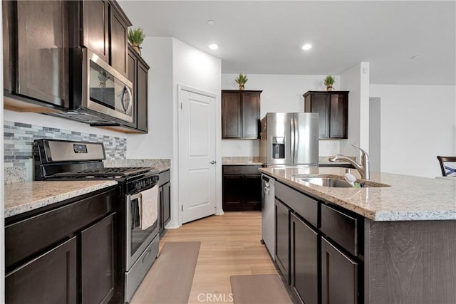 kitchen featuring backsplash, stainless steel appliances, sink, light hardwood / wood-style flooring, and an island with sink