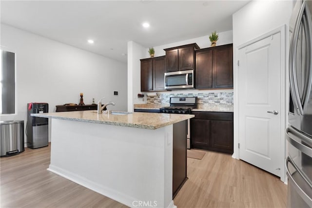 kitchen with backsplash, a center island with sink, sink, light hardwood / wood-style flooring, and appliances with stainless steel finishes