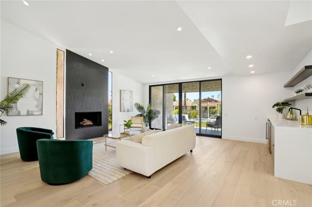 living room featuring a fireplace, light hardwood / wood-style flooring, and expansive windows