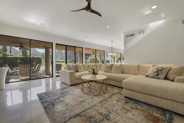 living room featuring ceiling fan