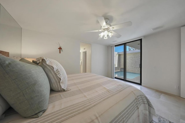 bedroom featuring ceiling fan, floor to ceiling windows, and access to outside