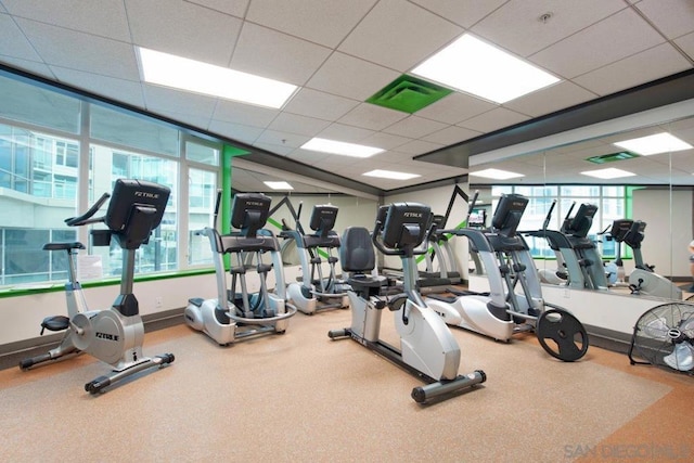 exercise room featuring a paneled ceiling and a healthy amount of sunlight