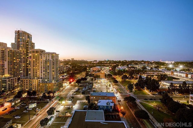 view of aerial view at dusk