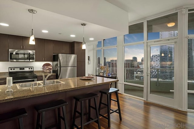 kitchen featuring dark stone counters, sink, dark hardwood / wood-style floors, dark brown cabinetry, and stainless steel appliances