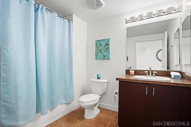 full bathroom with toilet, vanity, tile patterned floors, and shower / bathtub combination with curtain