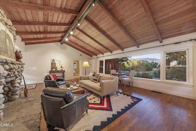 living room with lofted ceiling with beams, wood-type flooring, rail lighting, and wooden ceiling