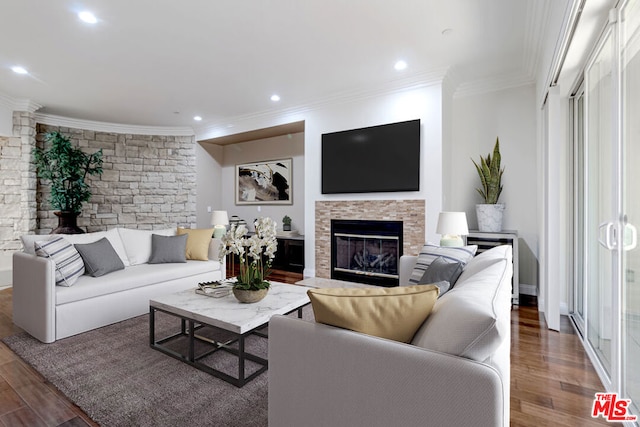 living room featuring a stone fireplace, dark hardwood / wood-style floors, and ornamental molding