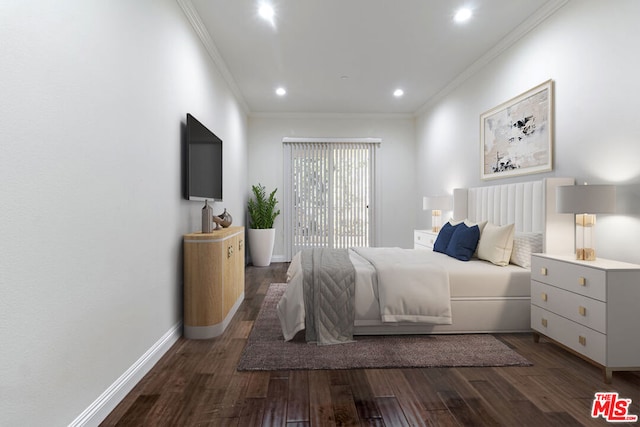 bedroom featuring ornamental molding and dark hardwood / wood-style floors