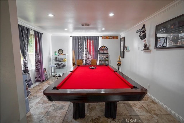 playroom with ornamental molding and pool table