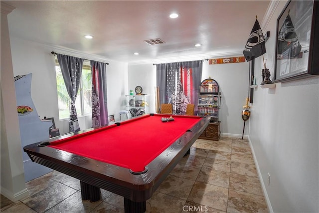 rec room with ornamental molding and billiards