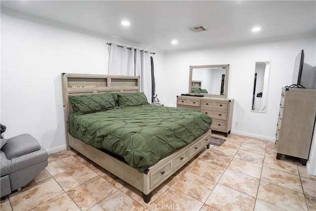 tiled bedroom featuring ornamental molding