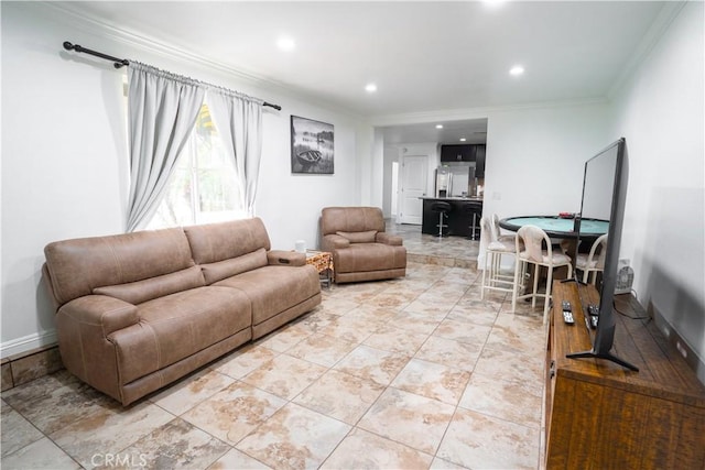 living room with ornamental molding