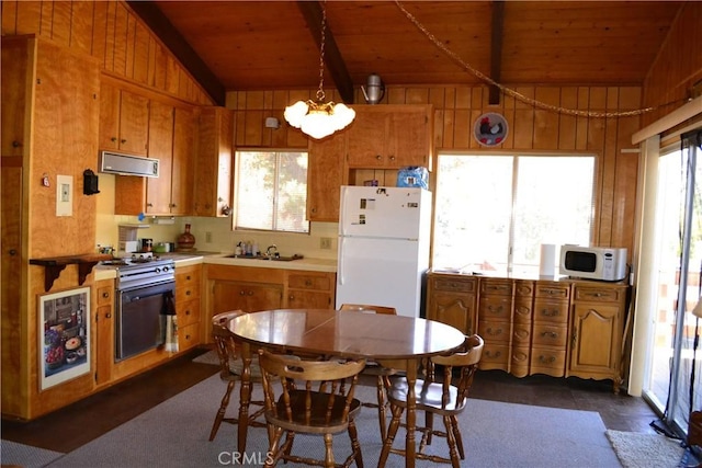 kitchen with wood ceiling, white appliances, ventilation hood, sink, and lofted ceiling