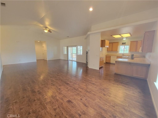 unfurnished living room with lofted ceiling, dark hardwood / wood-style floors, and a healthy amount of sunlight