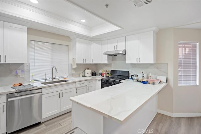 kitchen with white cabinets, black gas range, dishwasher, and sink